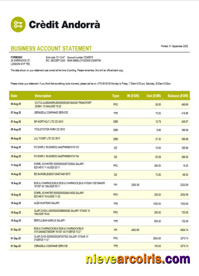Credit Andorran bank business statement